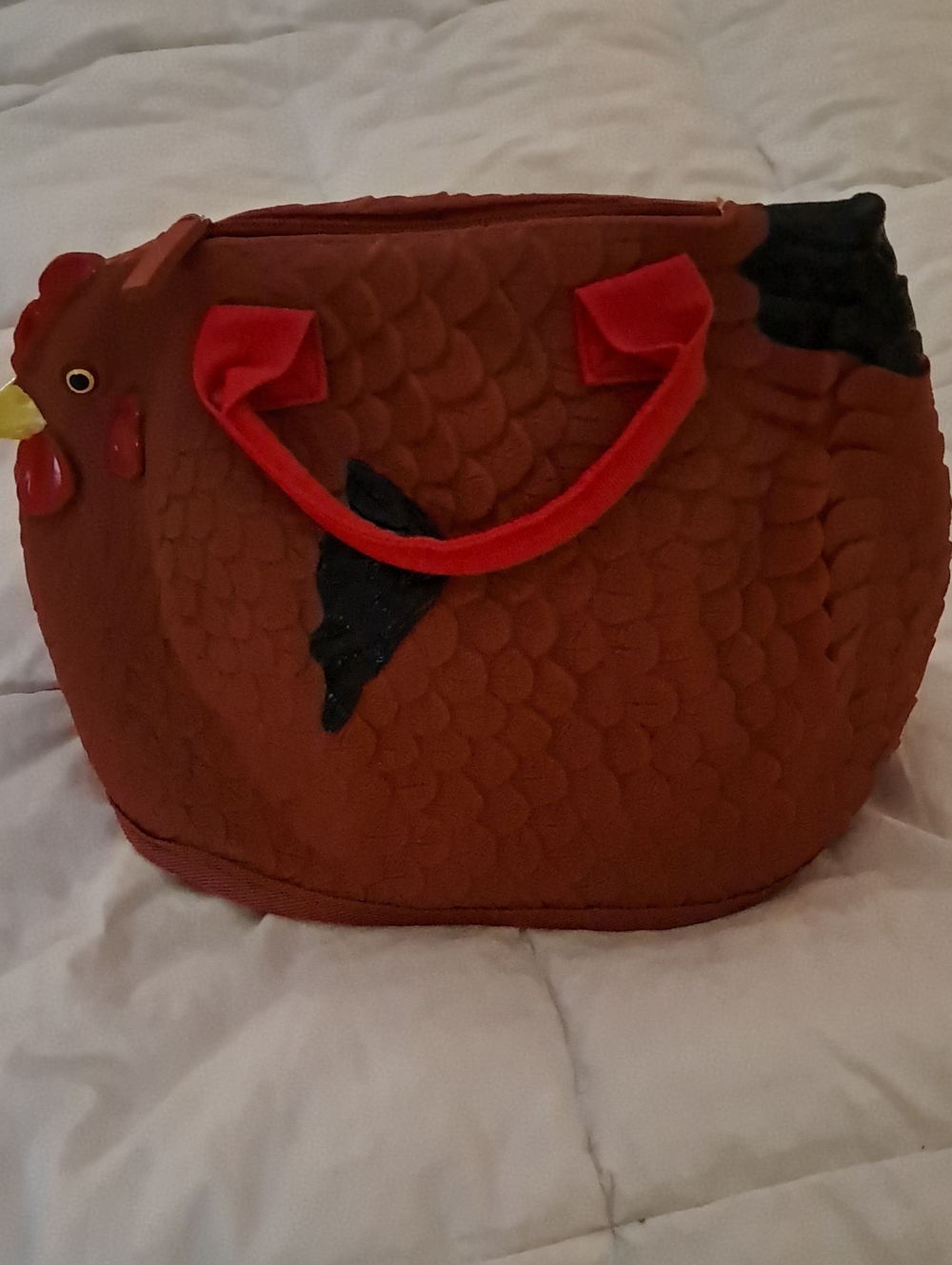 Never Used. Novelty Brown Chicken-Shaped Tote Bag with Red Handles
